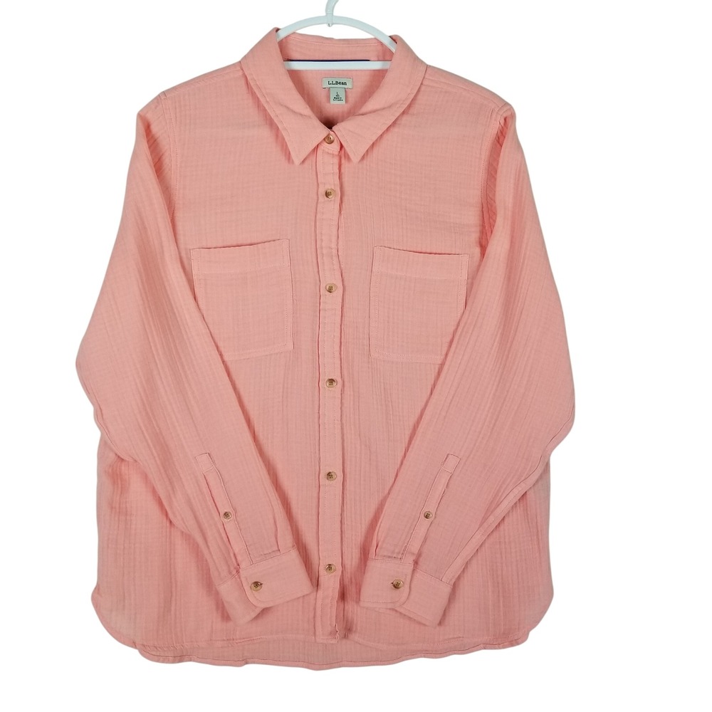 L.L.Bean Button Down Shirt Womens L Peach Double Gauze Cotton Long Sleeve 519259